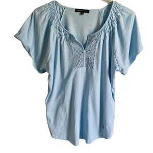 Adrienne Vittadini NEW Blue Short Sleeve Shirt Detailed Neckline Women's Medium